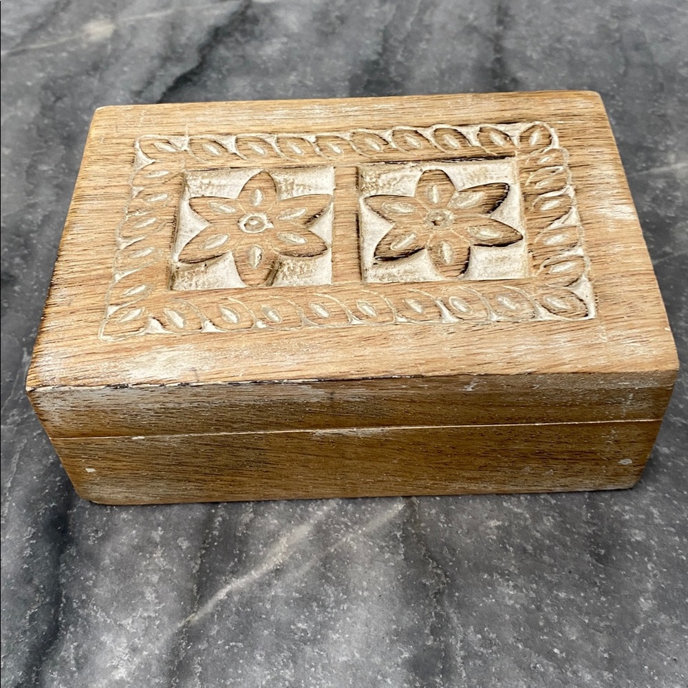 Hand-Carved Wooden Decorative Box in Whitewashed Natural Brown